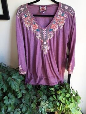 Johnny Was Mauve Embroidered V-Neck Long Sleeve Top